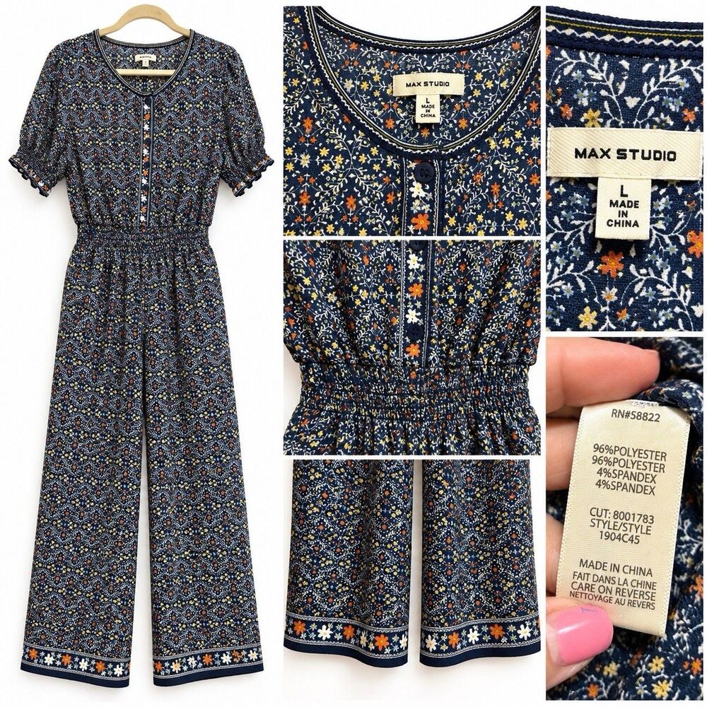 Max Studio Women L Blue Polyester Jumpsuit Floral Wide Leg Button Pockets - Picture 3 of 3